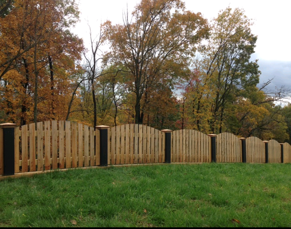 Wooden fence panels along a grassy yard with autumn trees in the background