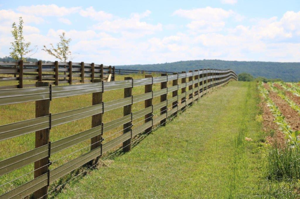 Wooden fence beside a grassy path and field under a clear sky, stretching into the distance