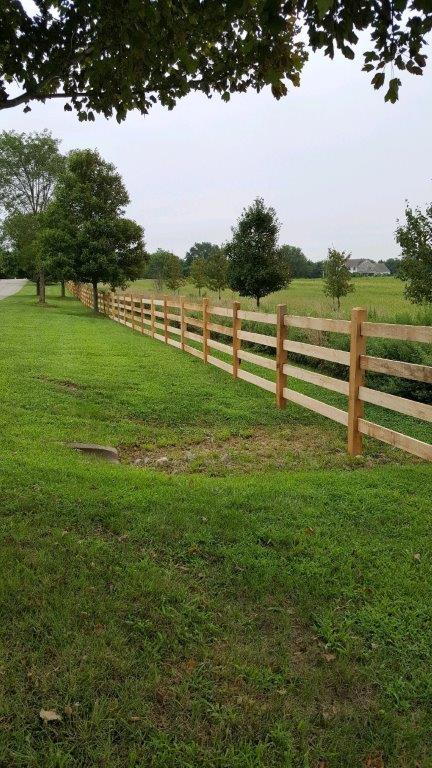 Green field with a wooden fence and trees under an overcast sky