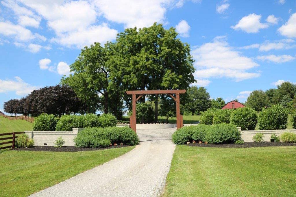 Landscaped garden path leading to a wooden archway under a bright blue sky