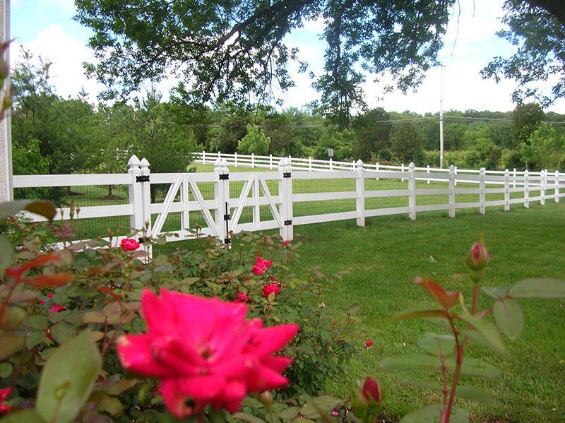 White fenced pasture with a gate and pink flowers in the foreground