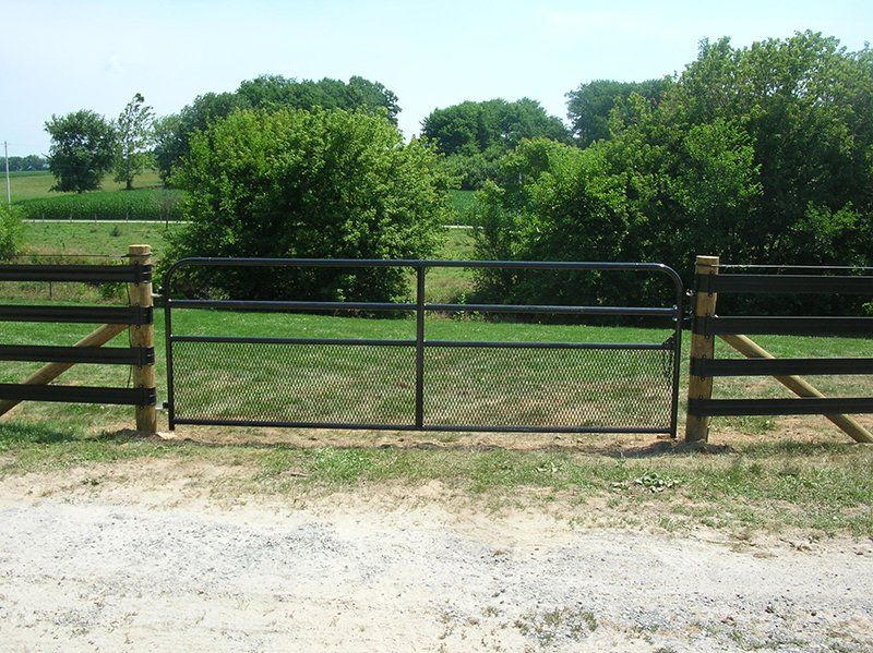Closed metal gate in a wooden fence, opening onto a green field with trees behind it