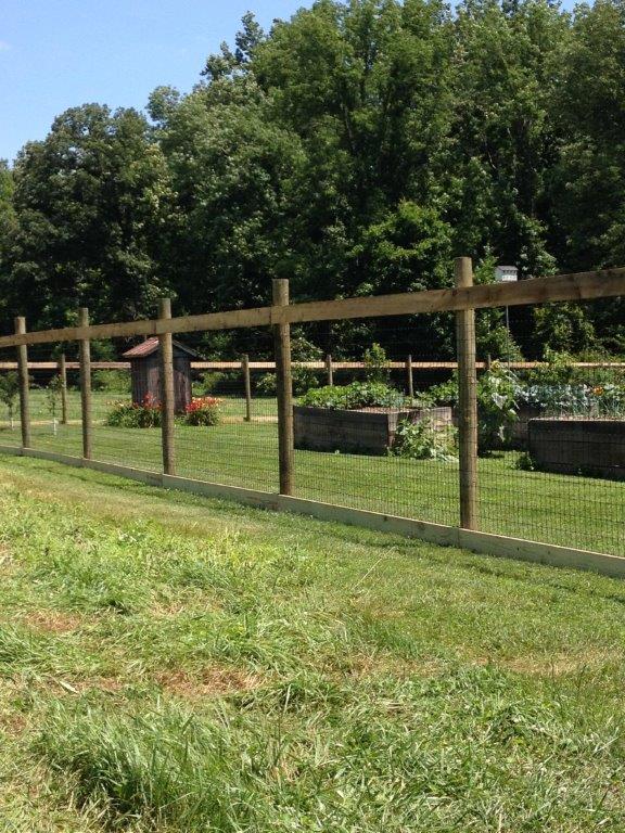 Wooden fence along a grassy field with trees and garden beds in the background