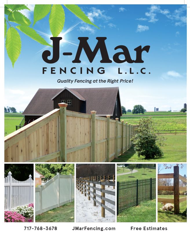 J-Mar Fencing LLC ad showing wooden fence installation in a sunny rural yard with sample fence photos below
