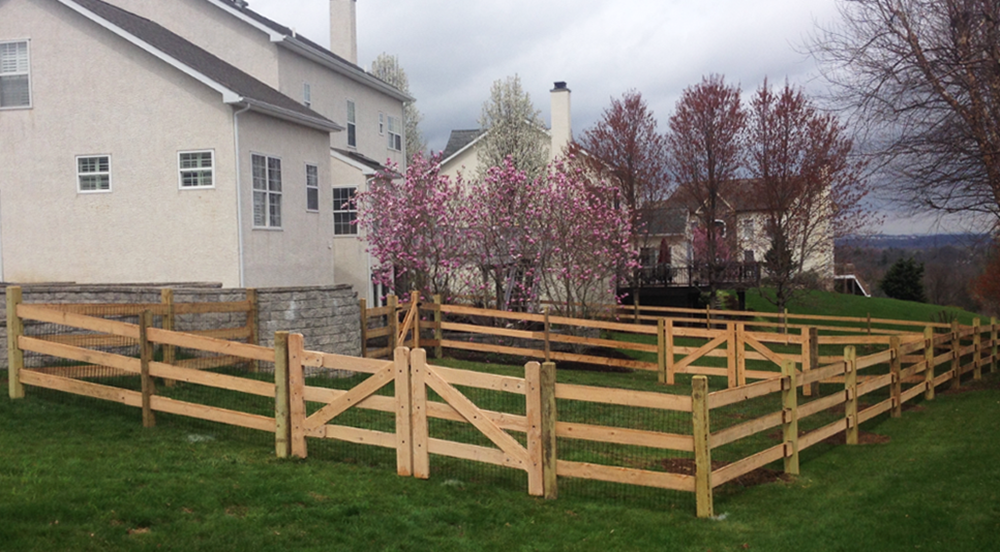 Wooden fenced yard beside a white house and pink flowering trees under a cloudy sky