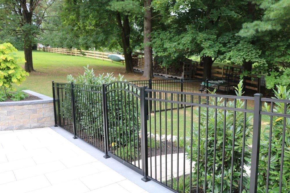 Black metal fence along a paved path beside trees and a grassy park area
