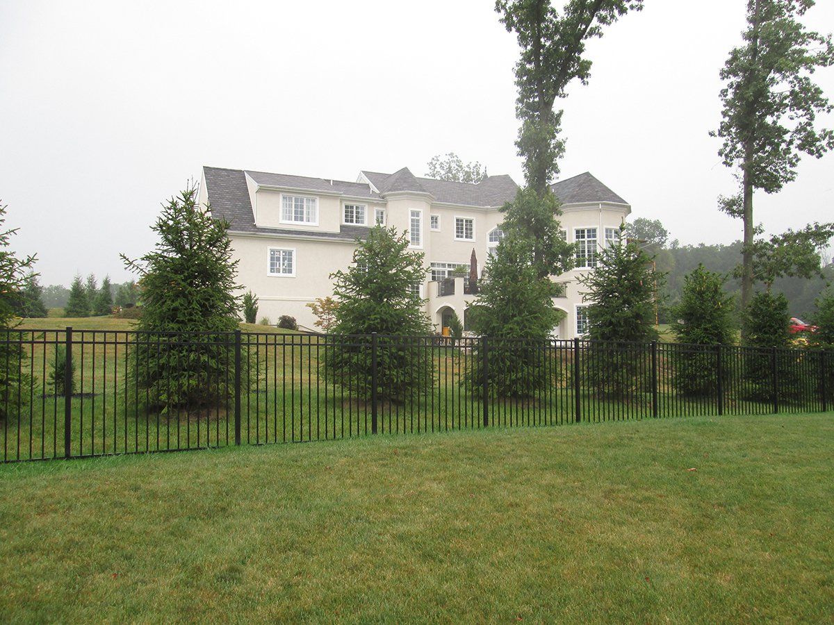 A cream-colored house behind a black fence, with green grass and tall trees on a misty day.