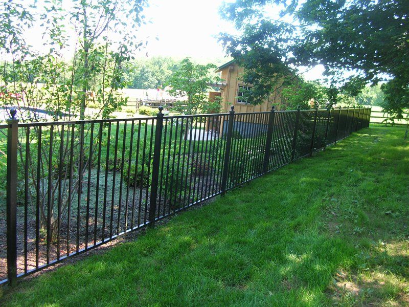 Black metal fence along a grassy yard beside a tree-lined creek and a small building