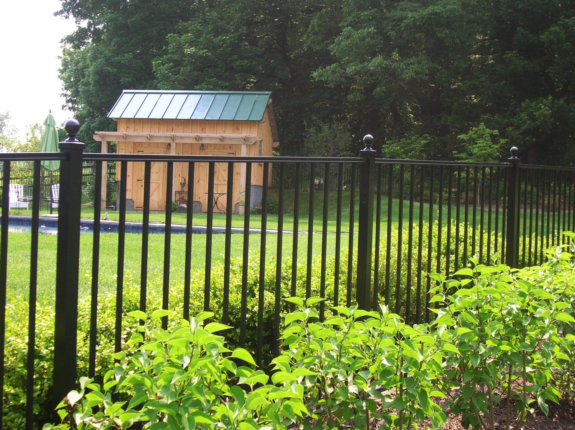 Black fence in front of a small wooden shed with a green metal roof and trees behind it