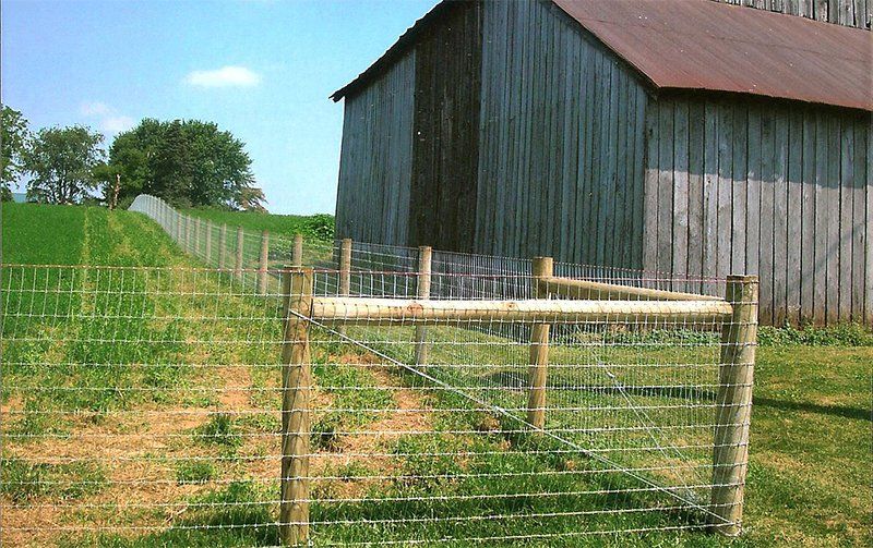 Wooden barn beside a fenced grassy yard with a clear blue sky and trees in the background