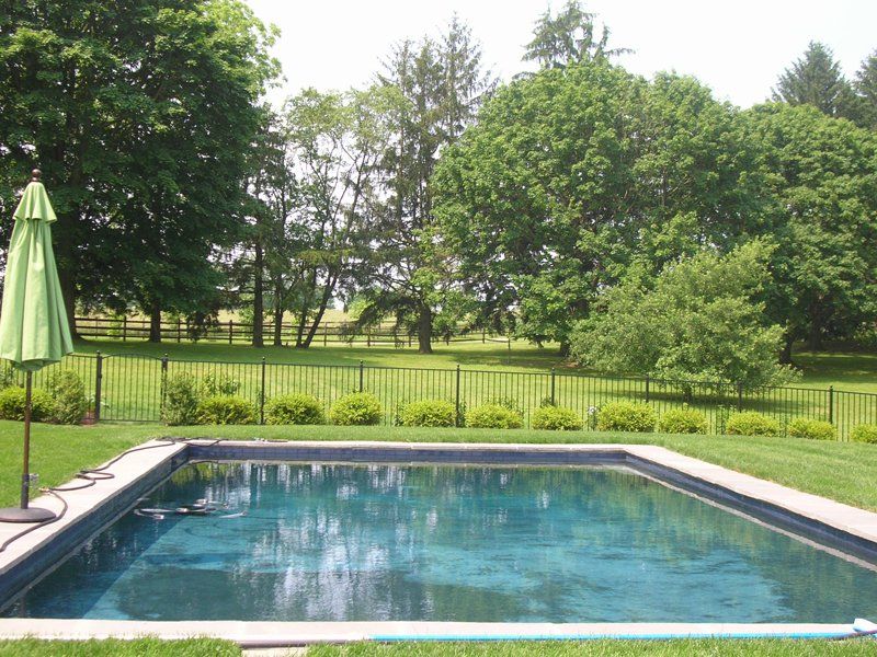Backyard swimming pool with blue water, green lawn, trees, and a closed patio umbrella