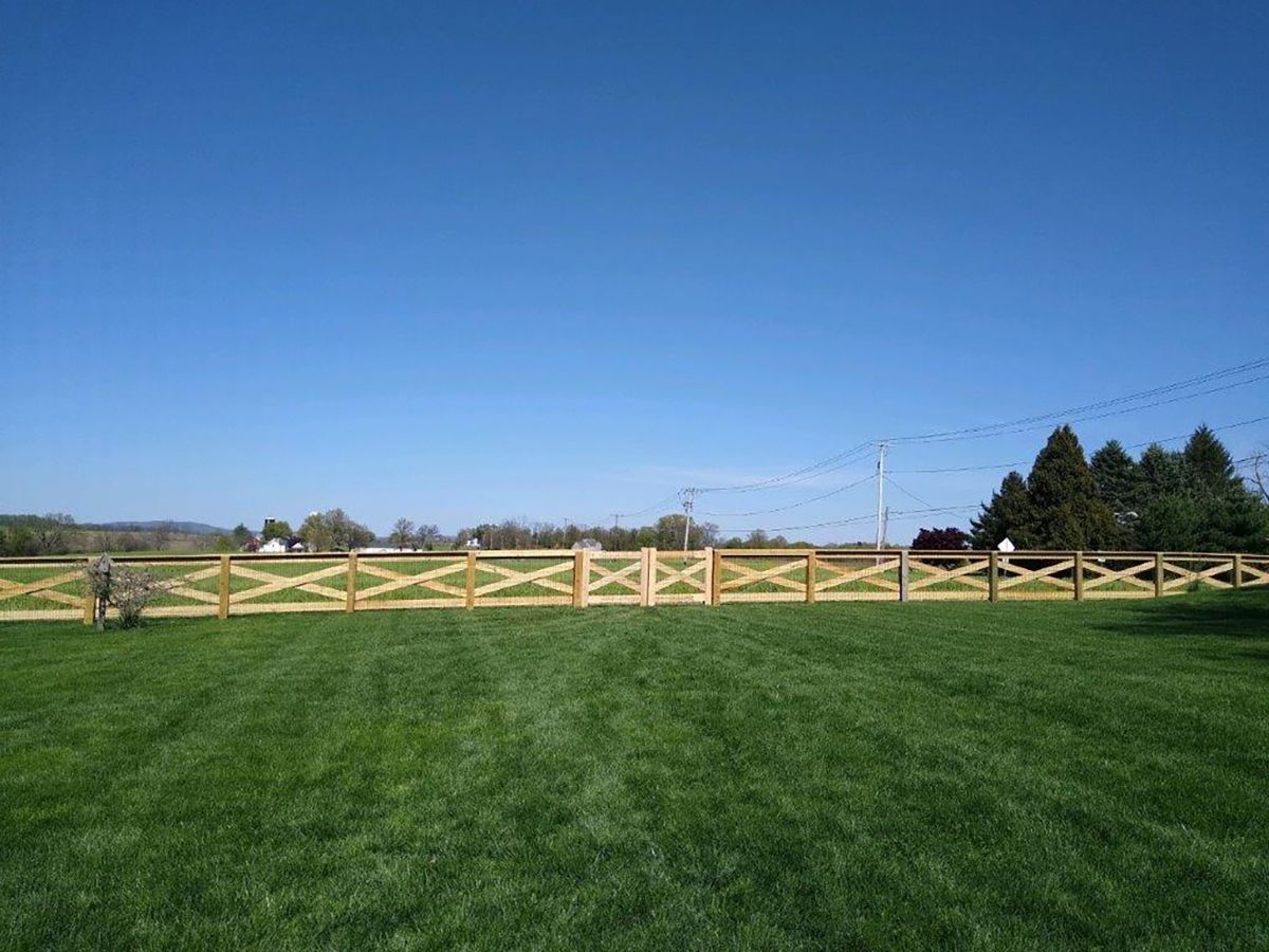 Grassy field under a blue sky with a wooden fence and distant trees and utility poles