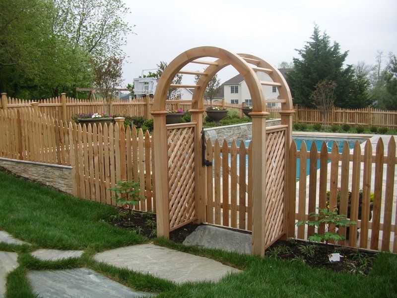 Wooden garden gate with arched trellis fence beside a backyard pool and stone path