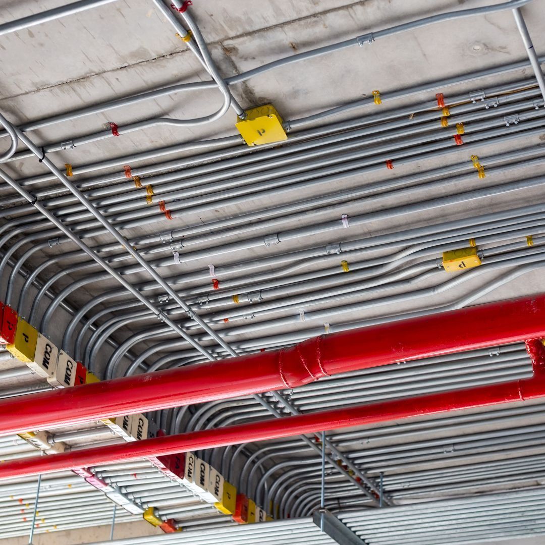 A ceiling with lots of wires and red pipes