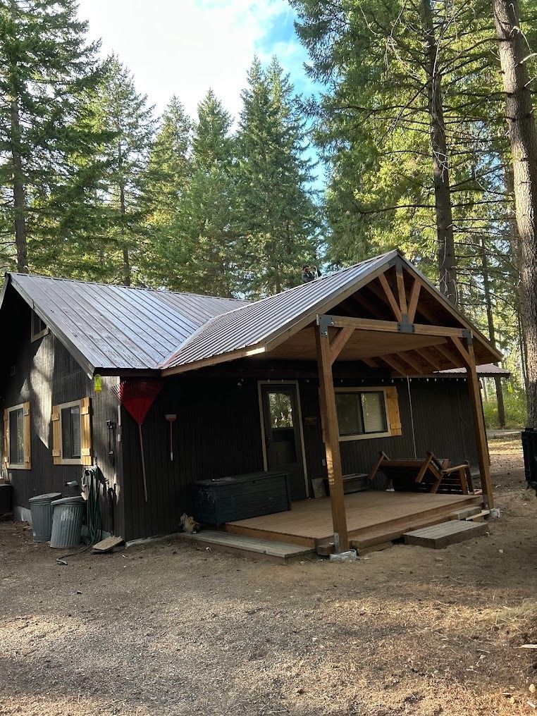 Rustic dark cabin with metal roof and porch in a forest clearing
