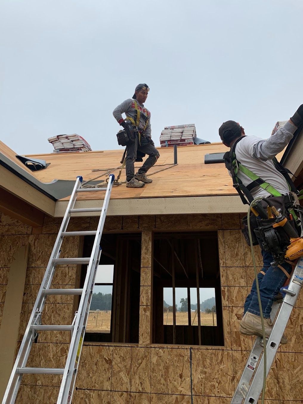 Workers installing roof shingles on a house under construction, with ladders leaning against the structure.