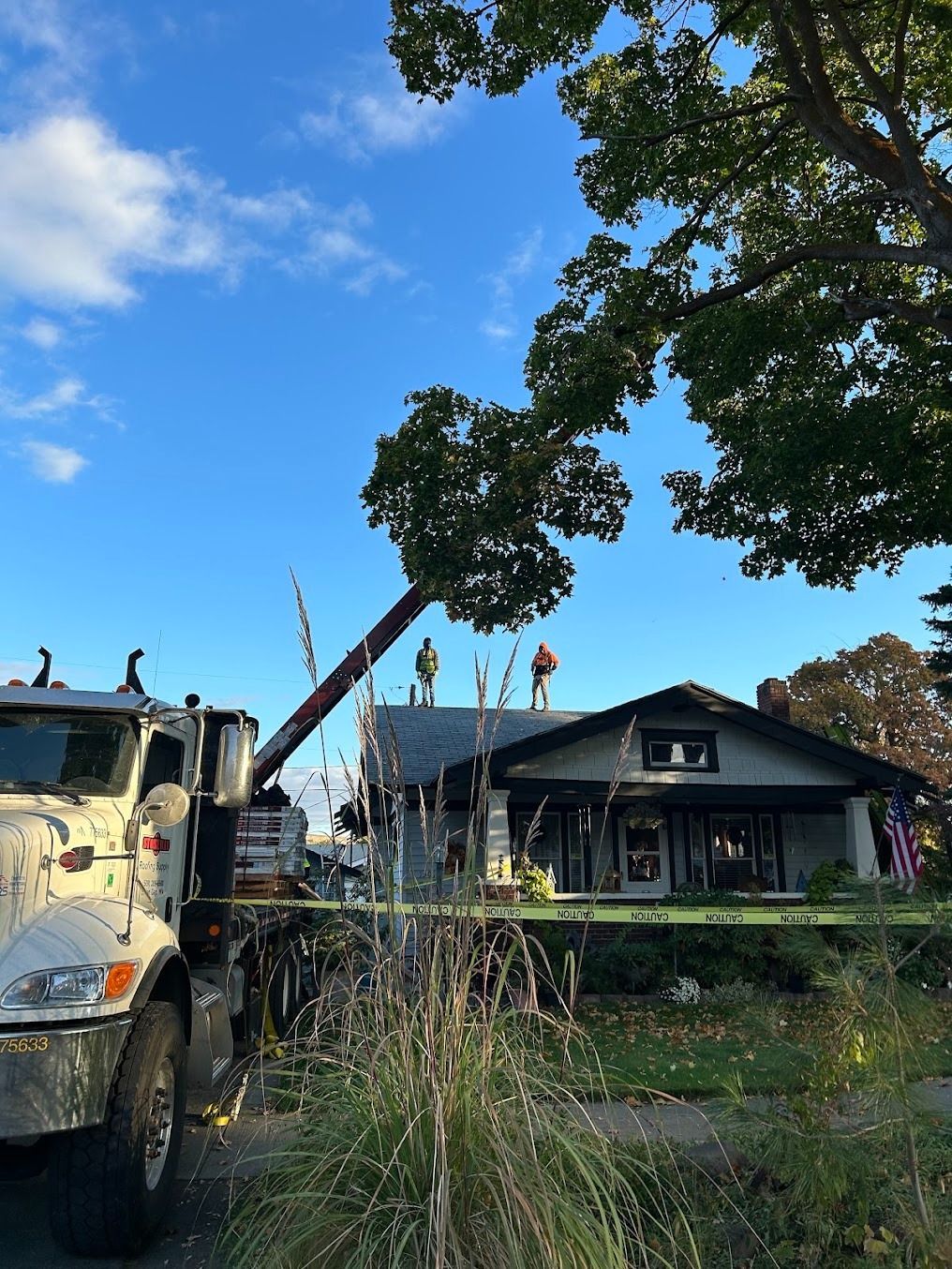 Crane lifting a tree limb beside a house, with a truck in the foreground under a blue sky.