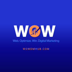 WOW logo on blue background with “Web. Optimize. Win. Digital Marketing” and wowdmhub.com