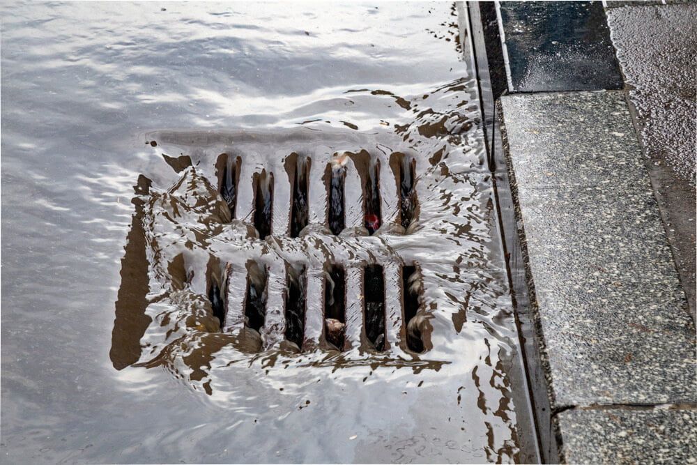 Storm Drain Grate Beside a Wet Curb With Water Pooling Around It — JAJ Plumbing in Mount Austin, NSW