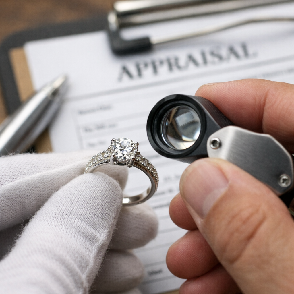 Close up of a local jeweler’s hands holding a diamond ring over a jeweler’s loupe. Appraisal form in the background.