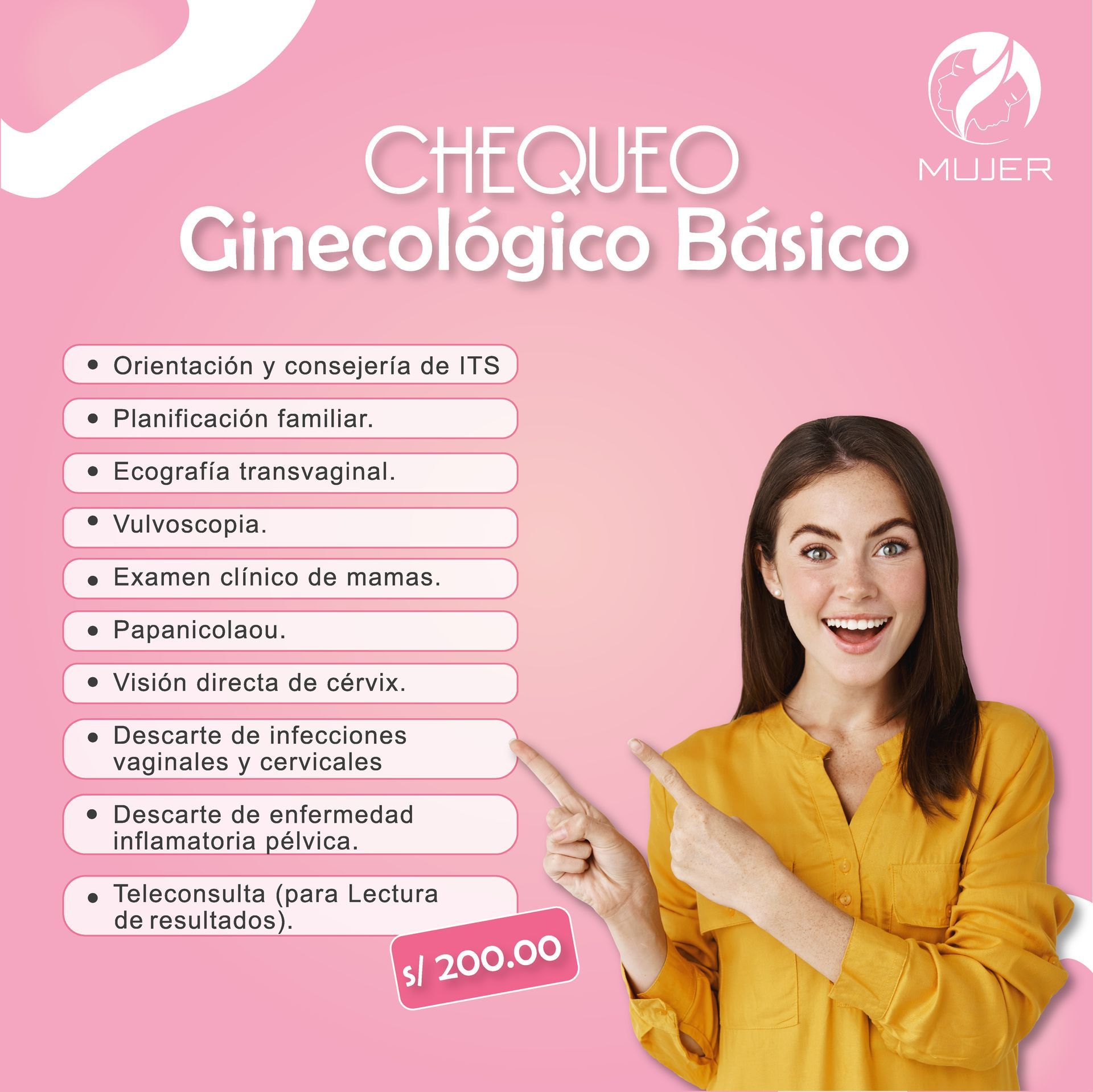 Una mujer con una camiseta amarilla señala un cartel rosa que dice chequeo ginecológico básico