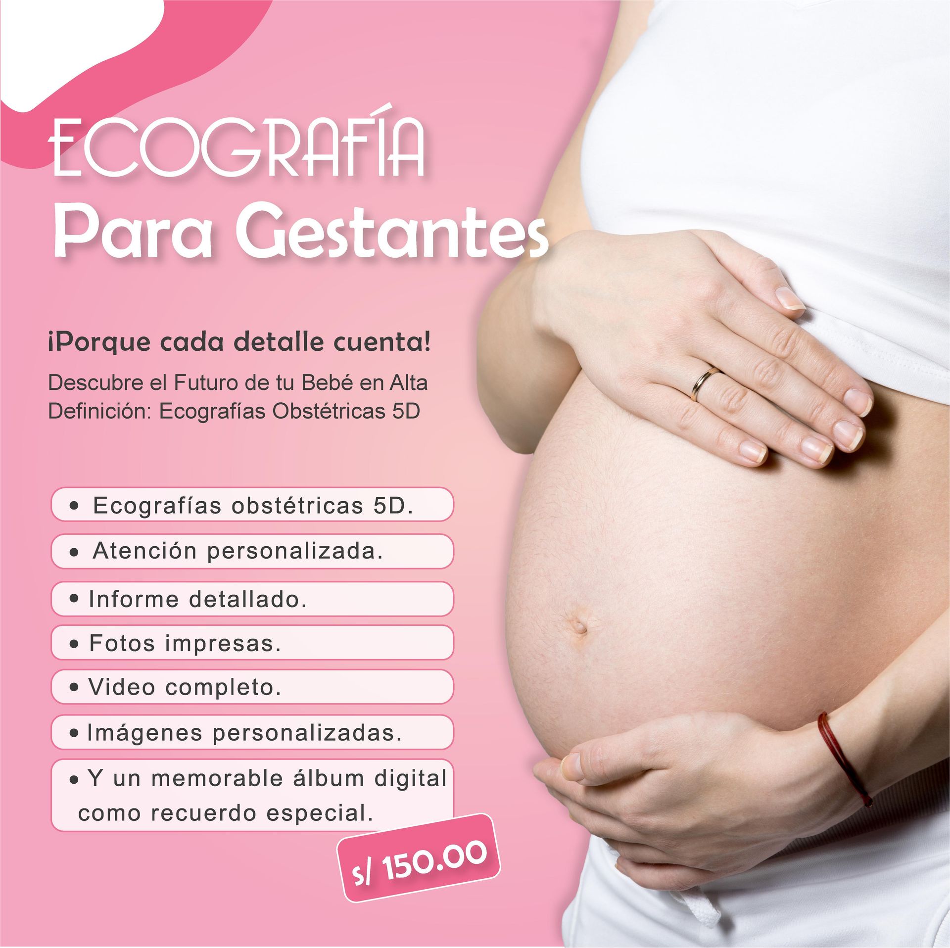Un anuncio de ecografía para gestantes muestra a una mujer embarazada sosteniendo su vientre.