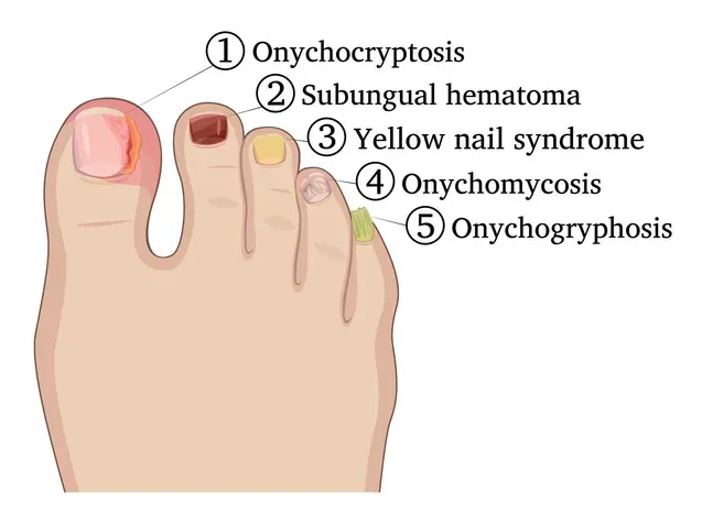Schema di dita dei piedi etichettate con disturbi delle unghie: onicocriptosi, ematoma subungueale, sindrome dell'unghia gialla, onicomicosi, onicogrifosi