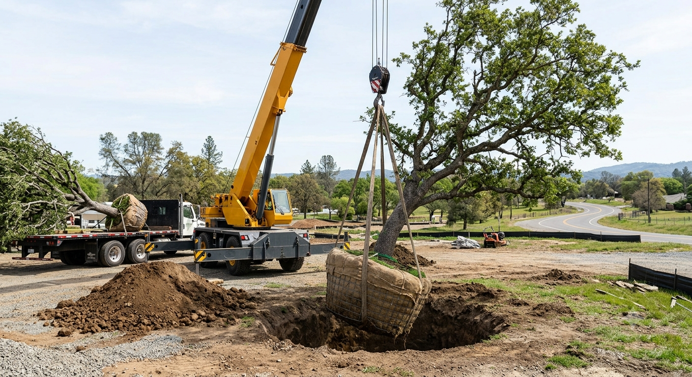 Yellow crane lifting a large soil-covered root ball at a construction site