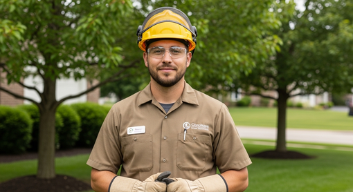 Construction worker in yellow hard hat and glasses standing outdoors in a green park area.