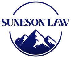 Suneson Law blue logo with stylized text and orange underline