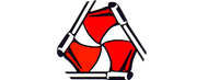 Een logo met drie rode, waaiervormige figuren die in een cirkelvormig, roterend patroon zijn gerangschikt, omlijst door donkere, hoekige lijnen.