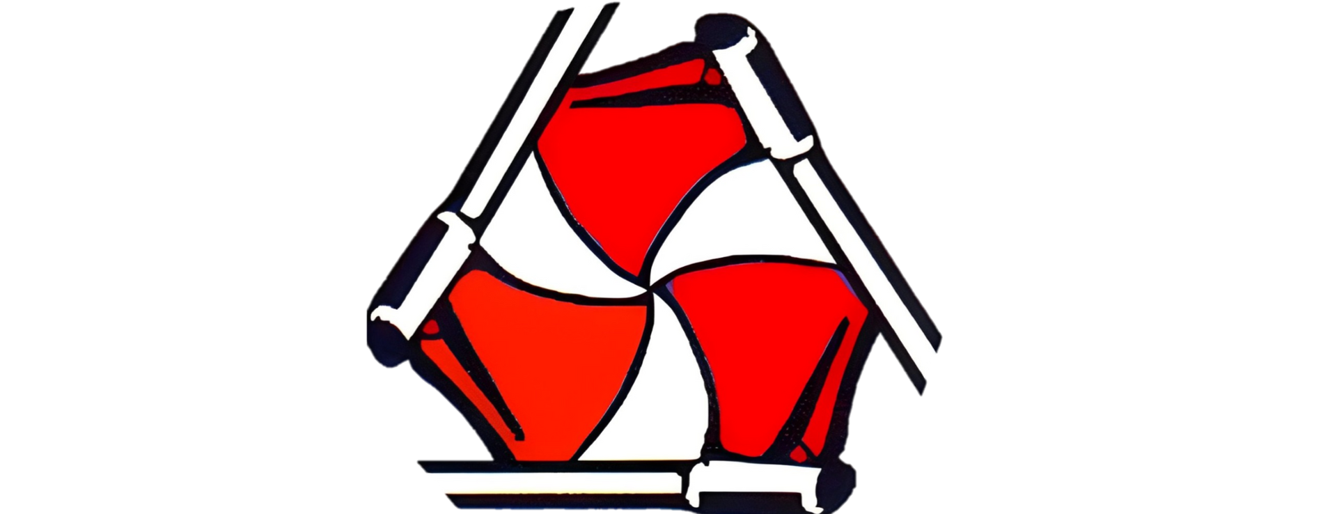 Een logo met drie rode, waaiervormige figuren die in een cirkelvormig, roterend patroon zijn gerangschikt, omlijst door donkere, hoekige lijnen.
