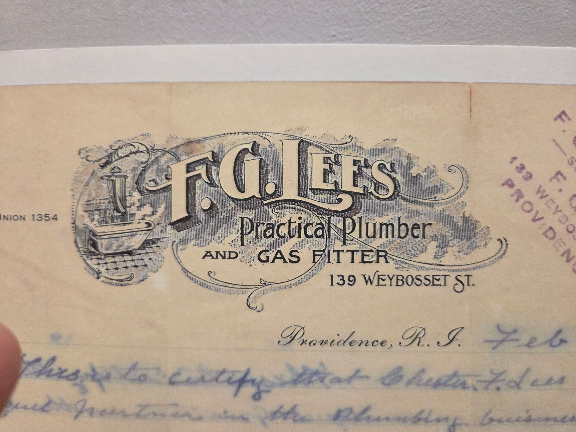 Vintage letterhead for F. G. Lees, practical plumber and gas fitter, Providence, R.I.