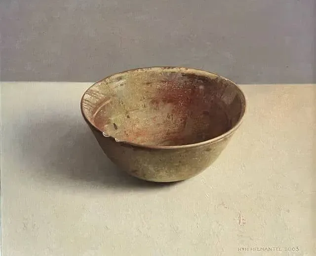 Helmantel schilderij uit 1996 Aardewerken kom