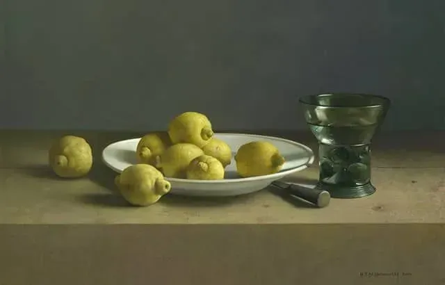 Helmantel schilderij uit 2019 Citroenen op delftswitte schaal en berkemeijer