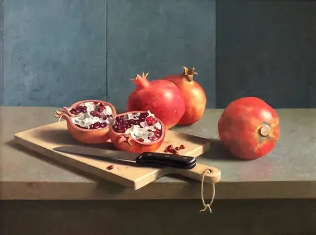 Helmantel schilderij uit 2018 Granaatappels op snijplank