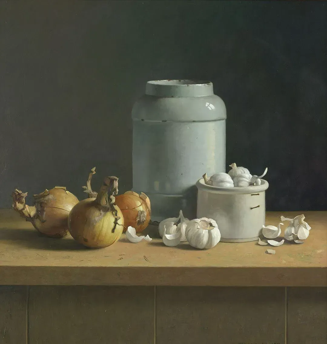 Helmantel schilderij uit 2011 Knoflook, uien en grote apothekerspot