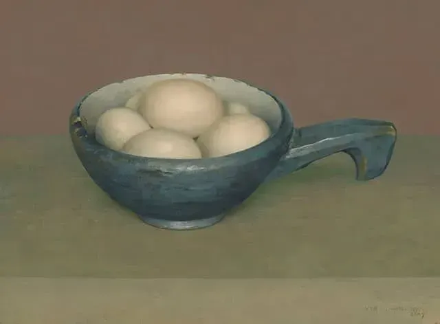 Helmantel schilderij uit 1980/2007 Kom met eieren
