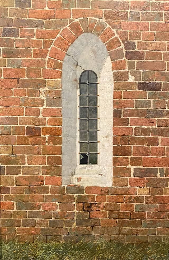 Helmantel schilderij uit 1979 Raam van de Kerk van Fransum