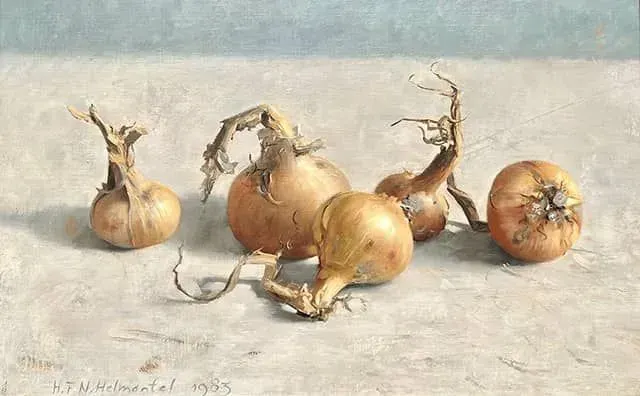 Helmantel schilderij uit 1983 Stilleven met 5 uien