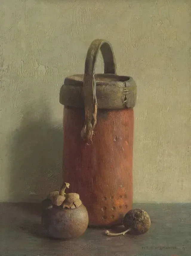 Helmantel schilderij uit 1991 Stilleven met Afrikaans voorwerp