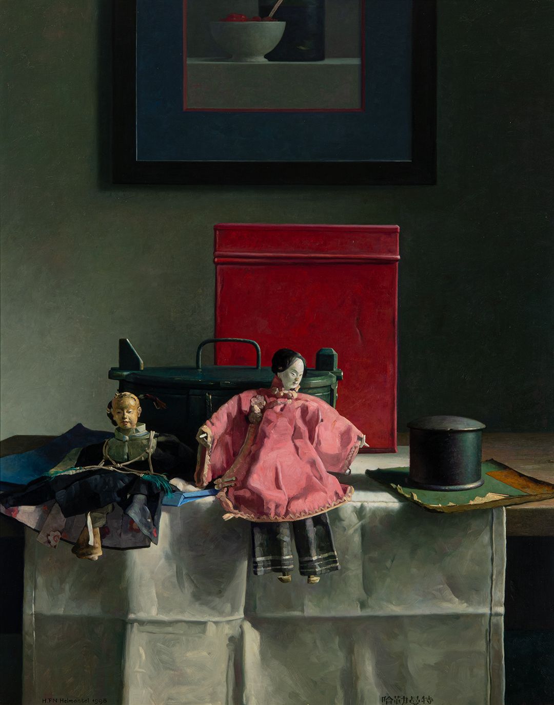 Helmantel Schilderij uit 1998 SStilleven met Chinese poppen