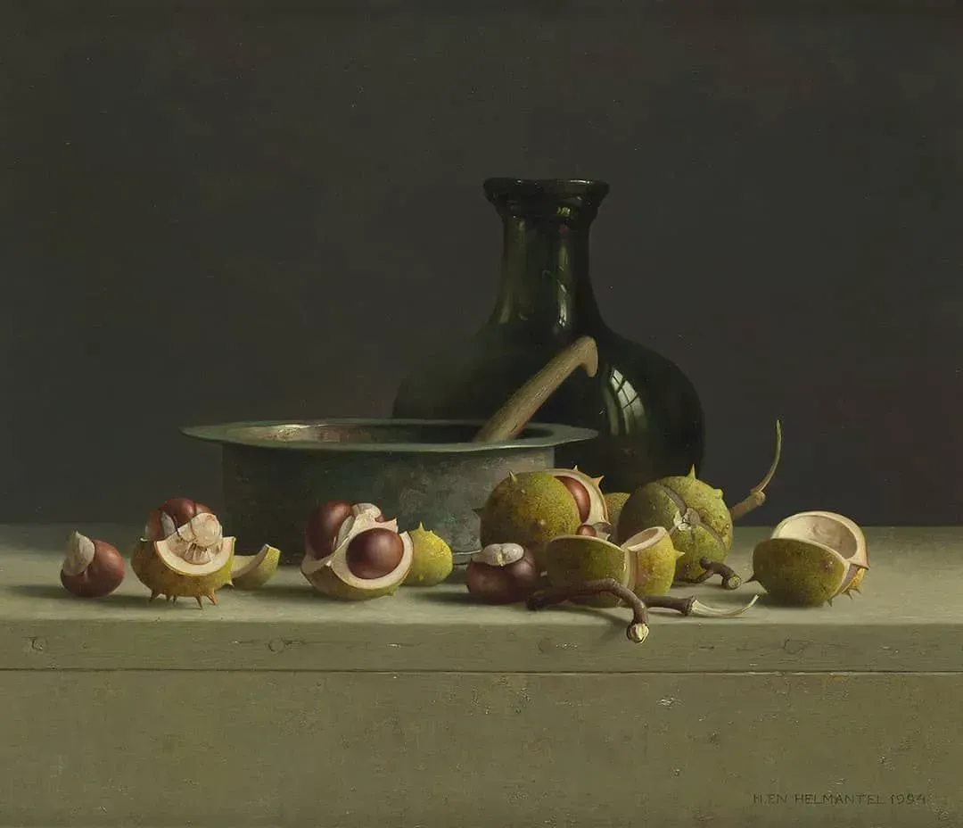 Helmantel schilderij uit 1994 Stilleven met Kastanjes