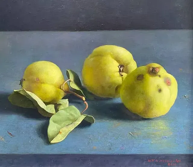 Helmantel schilderij uit 2010 Stilleven met Kweeperen