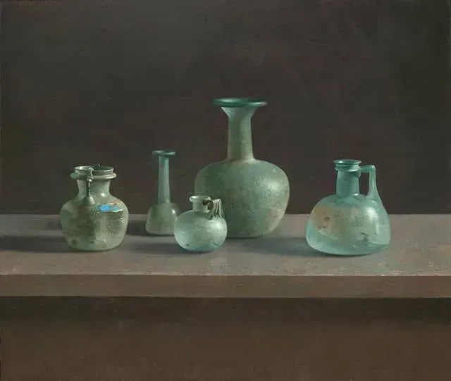 Helmantel schilderij uit 2018 Stilleven met Romeins Glas