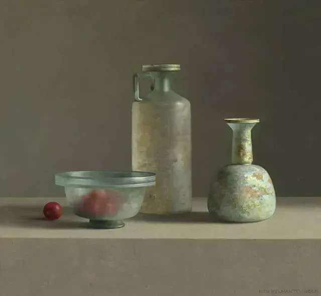 Helmantel schilderij uit 2021 Stilleven met Romeins glas en tomaatjes
