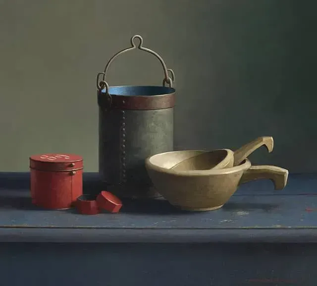 Helmantel schilderij uit 2019 Stilleven met Rood Busje en Emmer