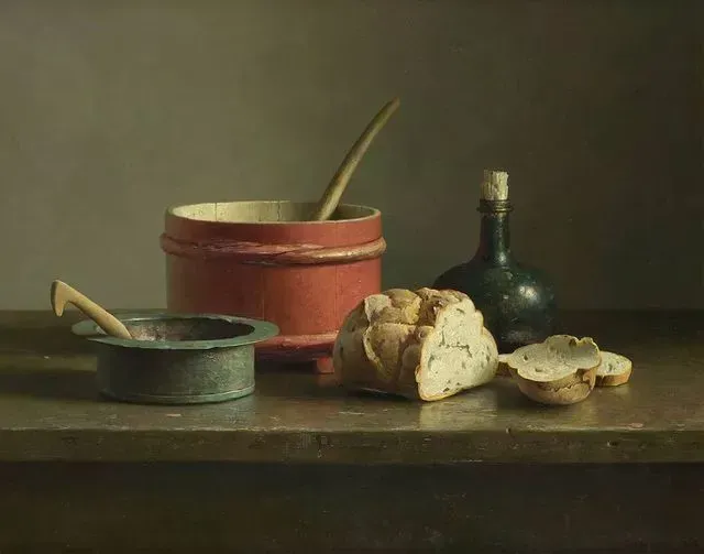 Helmantel schilderij uit 1998 Stilleven met Spaanse fles en brood