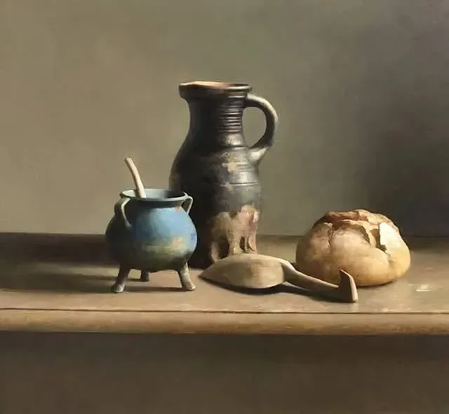 Helmantel schilderij uit 2019 Stilleven met Vlaamse kan, grape en brood kom