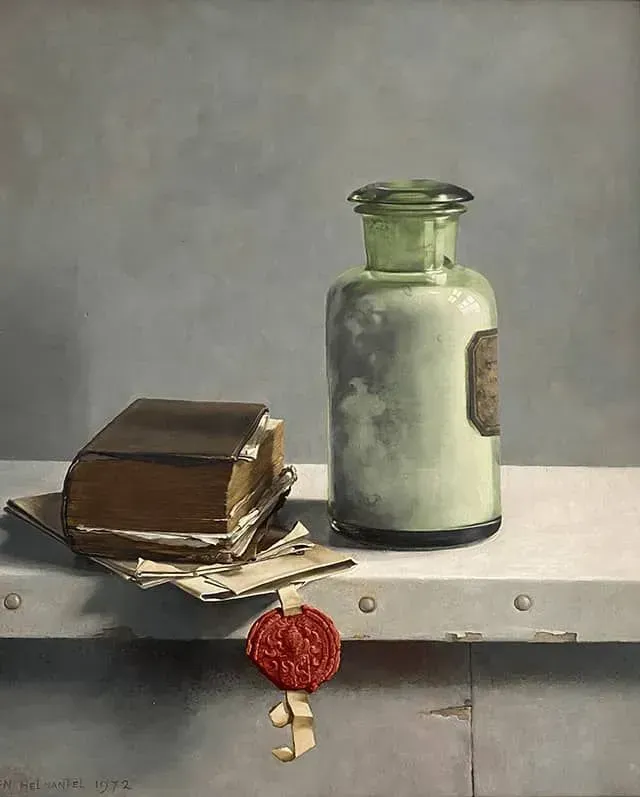 Helmantel schilderij uit 1972 Stilleven met boek en glaswerk